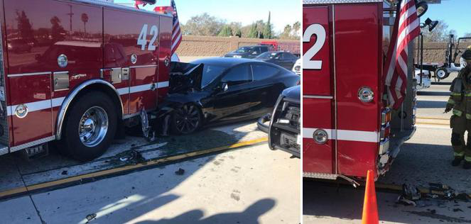 特斯拉Model S與消防車追尾_無人員傷亡